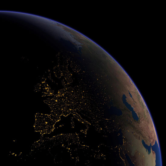 Карта Европы с космоса ночью